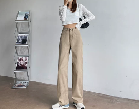 卡其色阔腿牛仔裤女2021新款韩版宽松直筒...