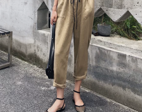 驼色棉麻裤，网红同款 驼色腰绳，非常宽松的...
