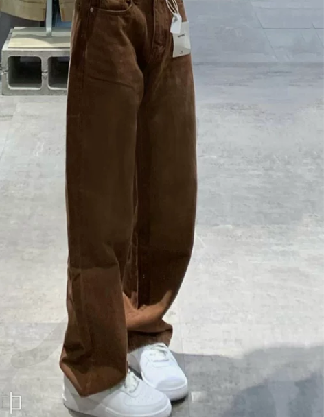 咖色裤子女夏季薄款显瘦宽松直筒高腰牛仔裤i...