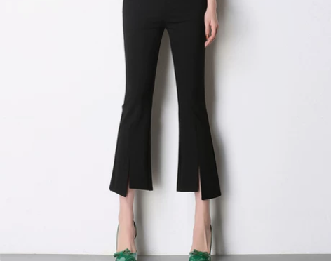 高腰黑色微喇叭裤春夏棉麻裤女七分显瘦开叉九...