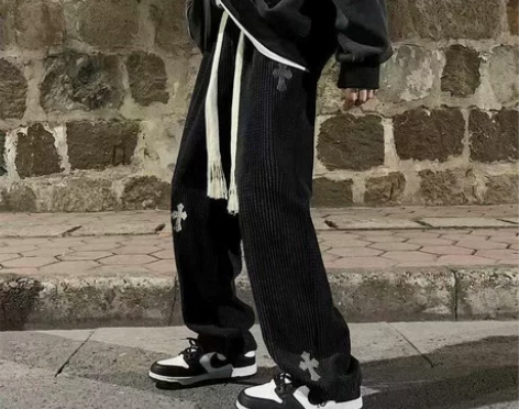 灯芯绒休闲裤子男秋冬加绒十字架刺绣直筒阔腿...