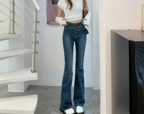 NKAZ美式复古辣妹腰带牛仔裤女高腰显瘦喇...