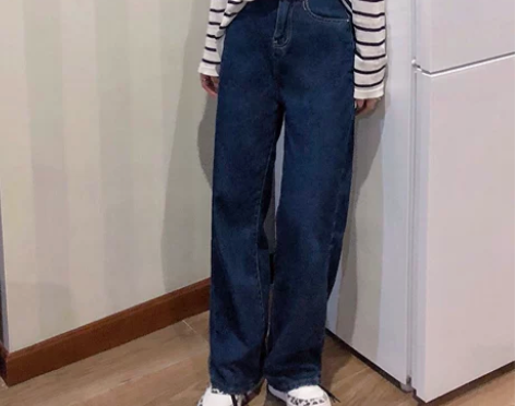 纯哥家深蓝色牛仔裤女春秋长裤2021高腰阔...