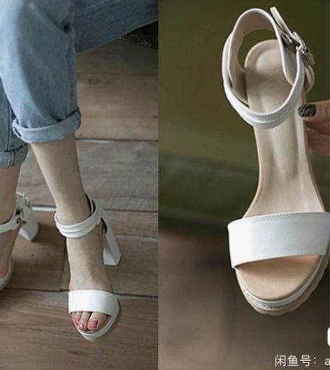 ?韩版春夏新款真皮凉鞋白色牛皮粗高跟鱼嘴女...
