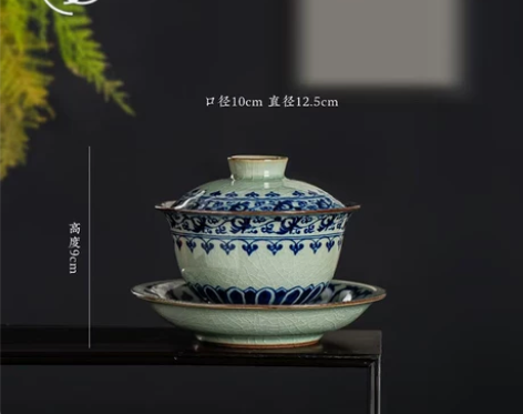景德镇青花宝相三才盖碗中式大容量盖碗陶瓷功...