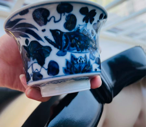 元青花 柴窑鱼藻二才盖碗 釉水润，锡斑老味...