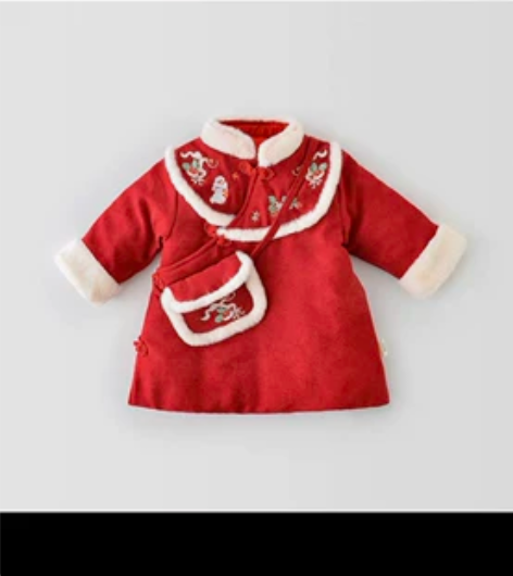 90码红色喜庆拜年棉服裙，赠送小背包。 只...