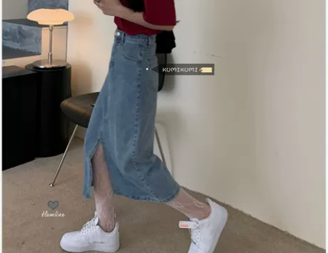 ?KUMI港风复古牛仔开叉裙子女2021新...