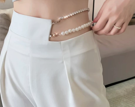 ?镂空镶砖珍珠链条阔腿裤长裤子女夏设计感薄...