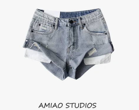 夏季新款女复古重工水洗做旧卷边性感高腰牛仔...