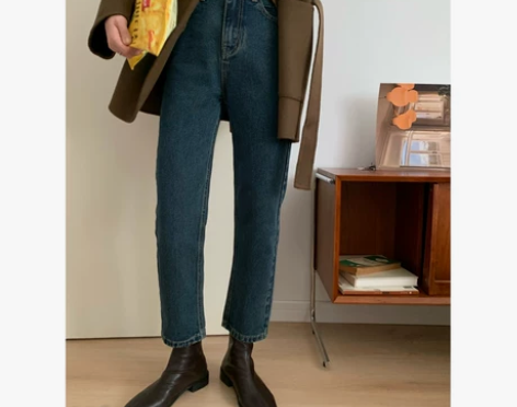 蓝色复古高腰九分牛仔裤女/秋冬新款纯棉直筒...