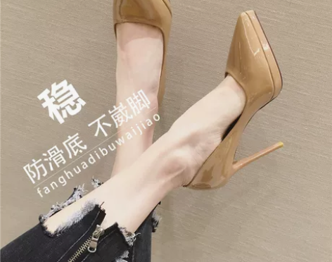 裸色防水台高跟鞋女10/12CM 黑色漆皮...