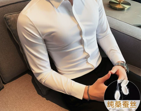 高端纯桑蚕丝长袖衬衫男春秋季纯色休闲加大码...