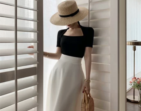 ?露合制衣 赫本风伞裙半身裙女夏中长款高腰...