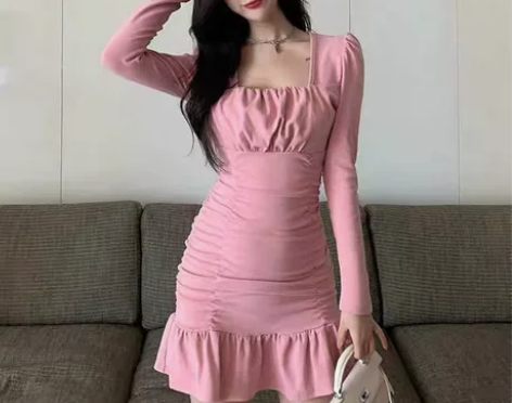 方领褶皱收腰显瘦荷叶边鱼尾裙子女秋装长袖港...