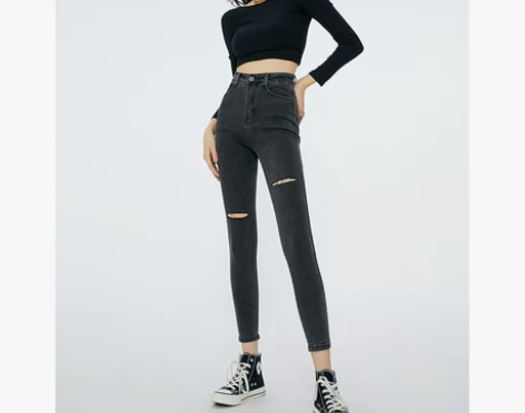 薄款破洞高腰牛仔裤女夏小脚裤2022新款春...