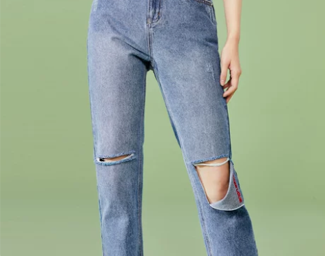 高腰牛仔裤女宽松春季新款破洞直筒裤毛边时尚...