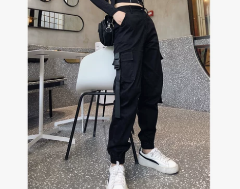 加厚裤子女秋冬季嘻哈束脚高腰ins工装裤女...