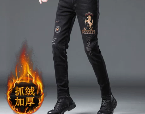 欧货秋冬新款牛仔裤男黑色抓绒高端刺绣修身小...