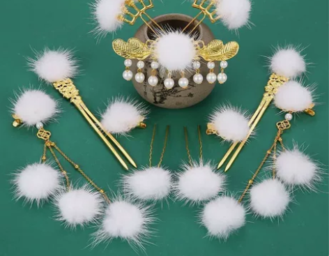 【全新11件套】包邮汉服毛球发饰古风毛绒汉...