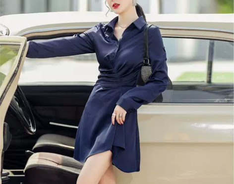 2022年新款法式收腰显瘦星空蓝色光泽感长...