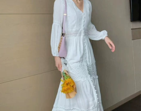 夏季白色长裙V领复古法式仙女裙子收腰显瘦沙...