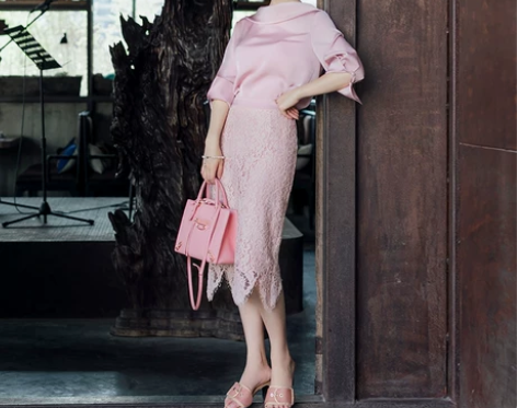 Lsea水晶粉合身蕾丝半身裙修身包臀裙女 ...