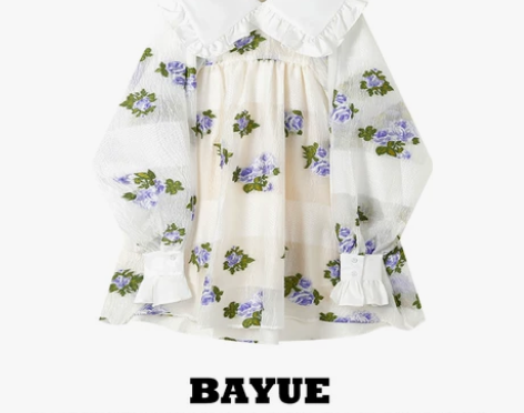 BAYUE 长袖连衣裙女早秋甜美花瓣提花娃...