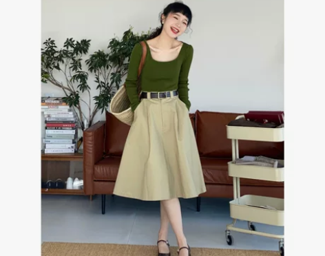 记忆中的翩翩女子 复古文艺卡其色高腰遮胯大...