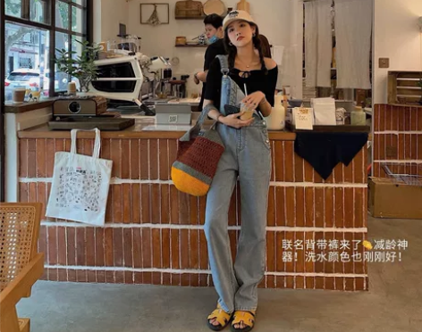 YESWOMEN小宜定制 背带拖地牛仔裤 ...
