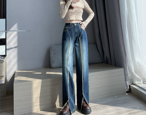 vfvk高腰直筒牛仔裤女2023春秋新款宽...
