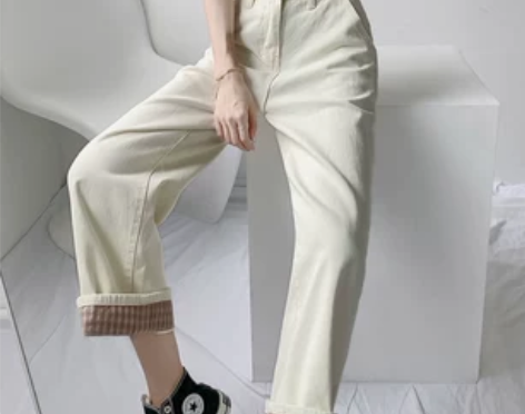 夏春茶白色牛仔裤女直筒宽松2021年新款高...