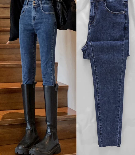牛仔铅笔裤 铅笔深蓝色高腰裤女2022年秋...