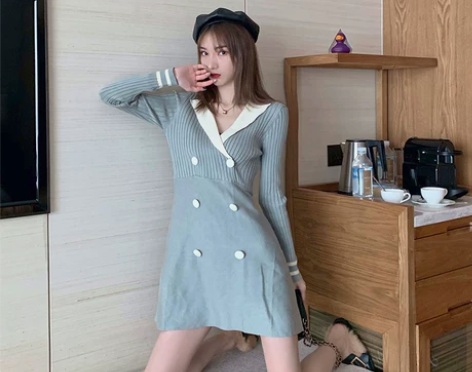 ?港风复古裙子2019秋装韩版新款长袖收腰...