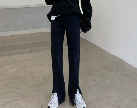 高腰黑色微喇开叉牛仔裤女加绒显瘦秋冬阔腿大...