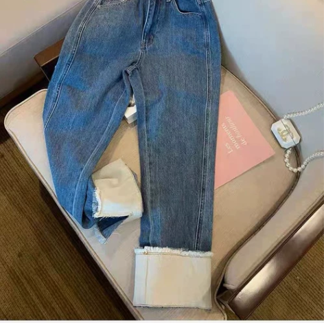 包邮拼接翻边高腰牛仔裤女小众复古秋冬休闲直...