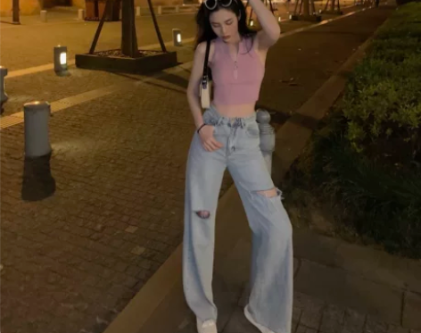 邱肉瑶SIXONE六一高腰显瘦破洞阔腿直筒...