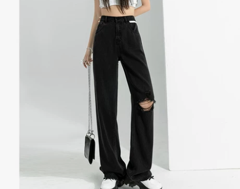黑色破洞天丝牛仔裤女2022年夏季薄款高腰...