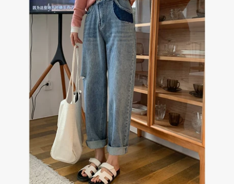 杨泡泡设计感蓝色破洞牛仔裤女2022春新款...