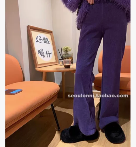 梨形MM入！高腰垂感紫色加绒阔腿裤灯芯绒裤...