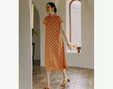 21SS 原创设计师款橘色醋酸棋盘复古改良...