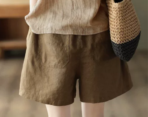 园园美衣新款复古高支亚麻裤女松紧腰阔腿短裤...