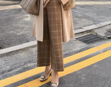 DALU 复古格子休闲阔腿裤高腰宽松裤子女...
