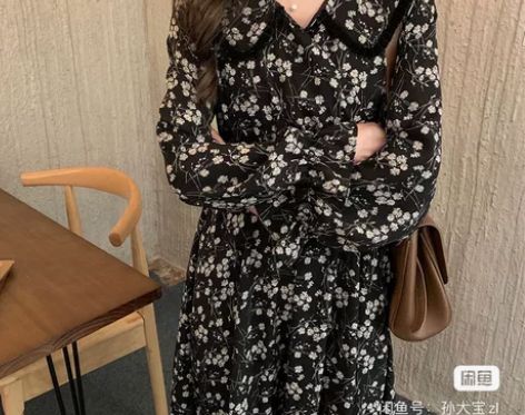 碎花裙法式chic复古娃娃领长裙女春大码胖...