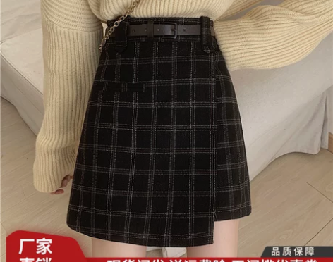 毛呢半身裙女春秋大码格子短裙2021新款学...