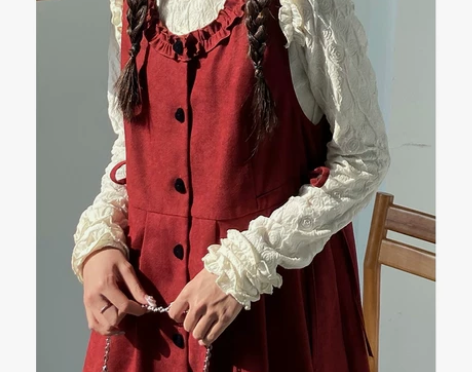 背带裙 背带连衣裙罐头士多所复古红色可爱少...