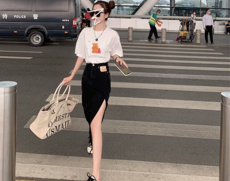 黑色牛仔半身裙女夏中长款开叉高腰显瘦a字包...