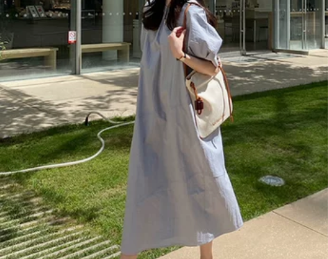 藏青色泡泡袖连衣裙夏季大码显瘦长裙洋气减龄...