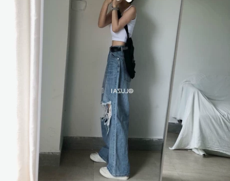 胖妹妹大码夏装牛仔裤新款宽松阔腿裤潮大破洞...