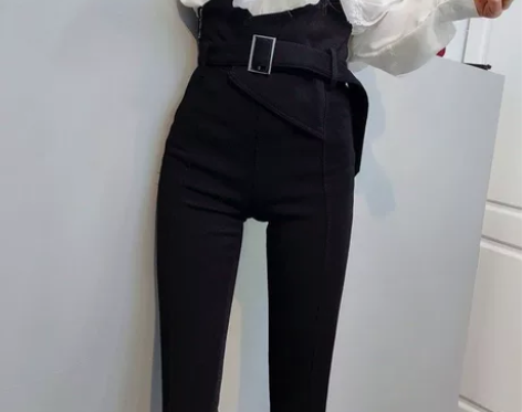 全新 超高腰系带侧拉链弹力铅笔裤小脚裤 感...